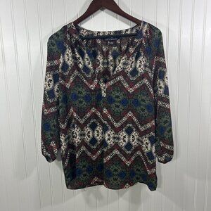 Zac & Rachel Women Medium Red Green Multicolor Blouse 3/4 Sleeves